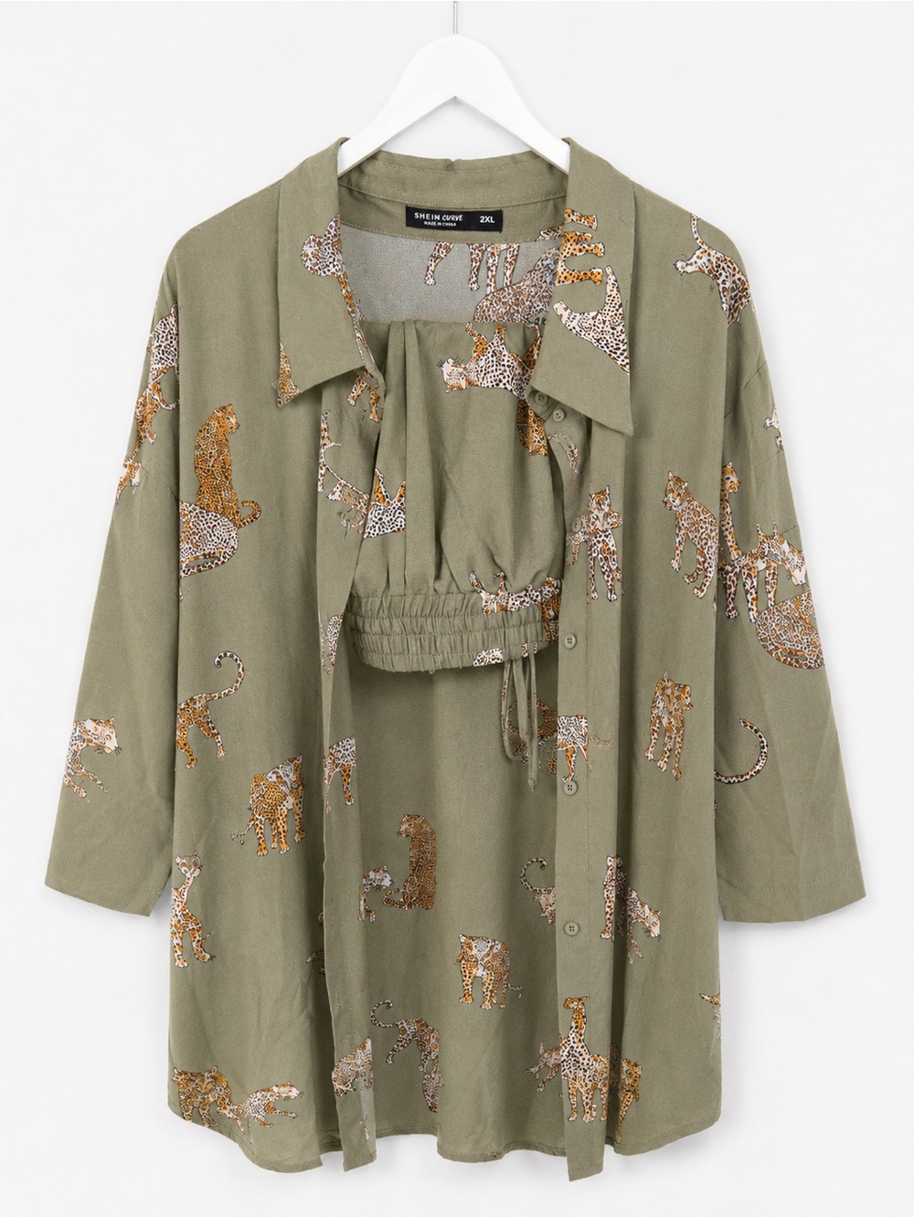 Olive Green Button-Up Shirt with Cheetah Print and matching shorts